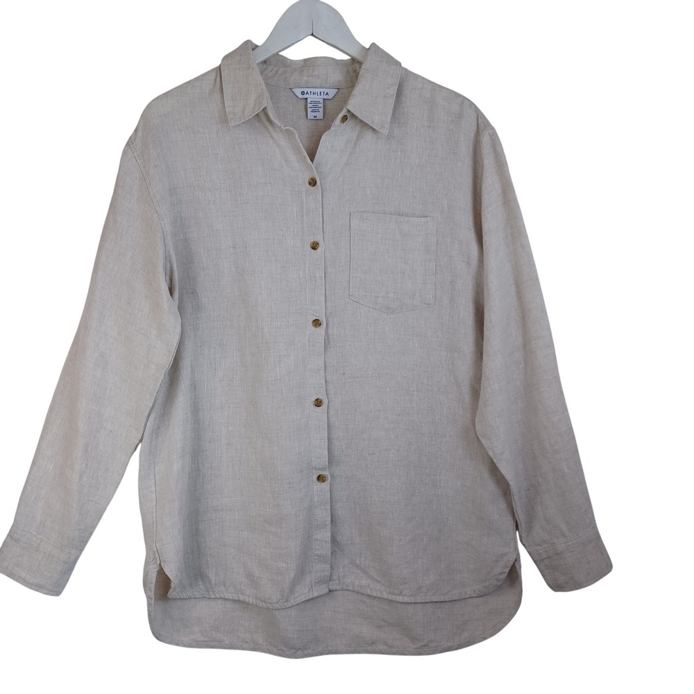Athleta Womens 100% Linen Button Down Shirt Oatmeal Beige 850931-07 Medium